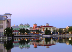 view of downtown celebration florida from over the lake